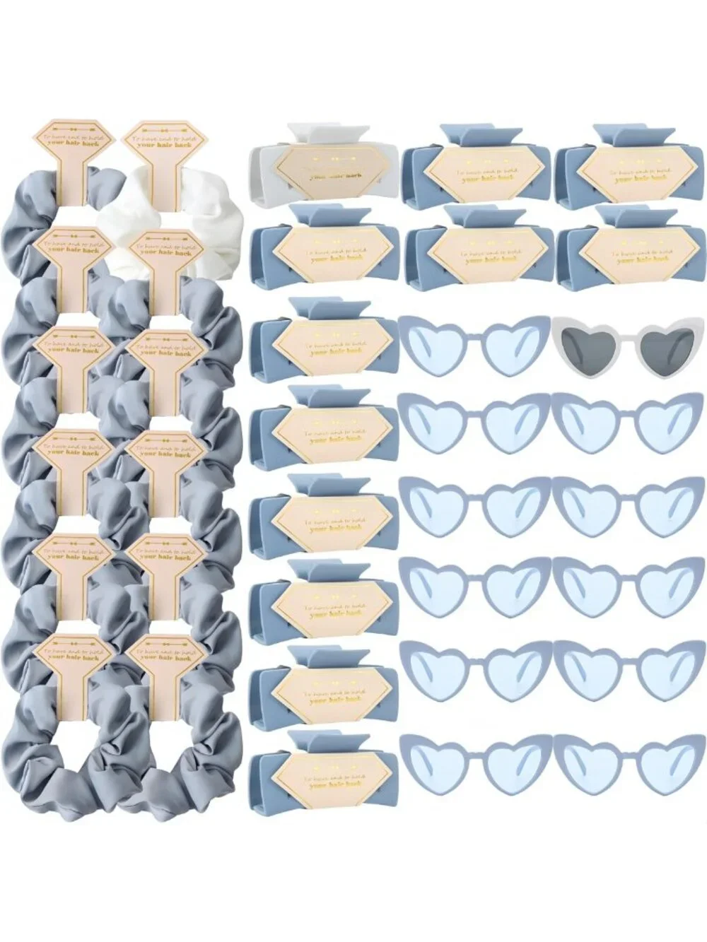36pcs Bridesmaid Proposal Gifts - White & Dusty Blue Scrunchies, Hair Claws